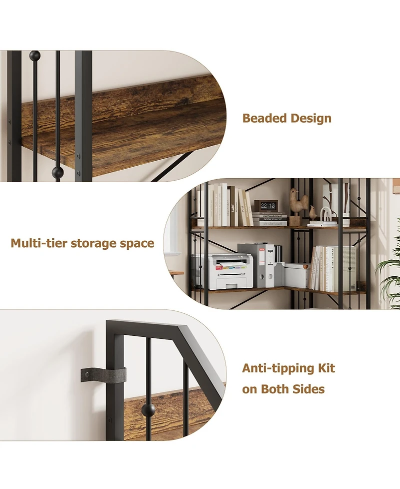 gaomon Industrial L-Shaped Corner Bookshelf, 5-Tier Bookcase Storage Display Shelf