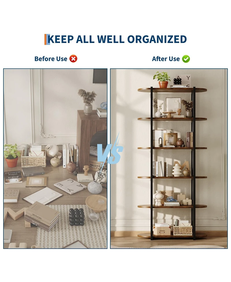 gaomon 6-Tier Industrial Wooden Bookshelf, Metal Frame Freestanding Large Open Bookcase