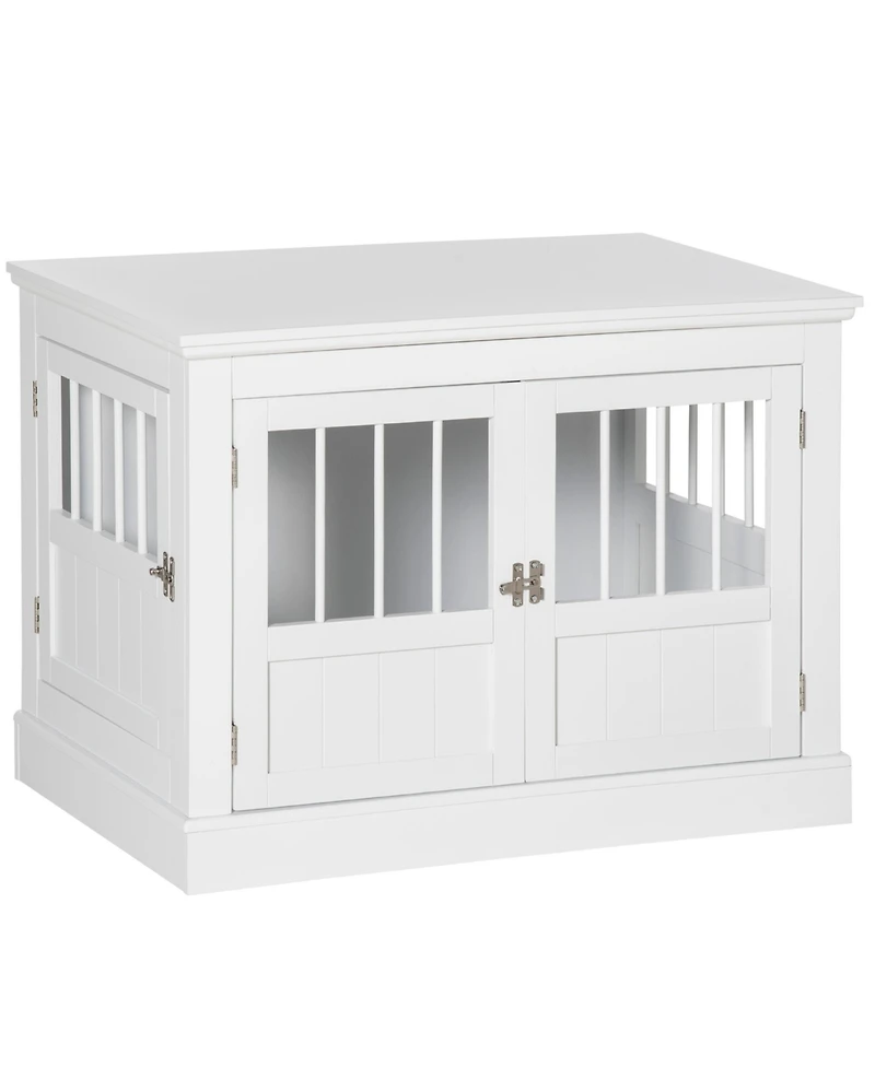 Aostirmotor Dog Crate End Table with Triple Doors, Wooden Indoor Puppy Kennel with Steel Tubes for Small Dogs