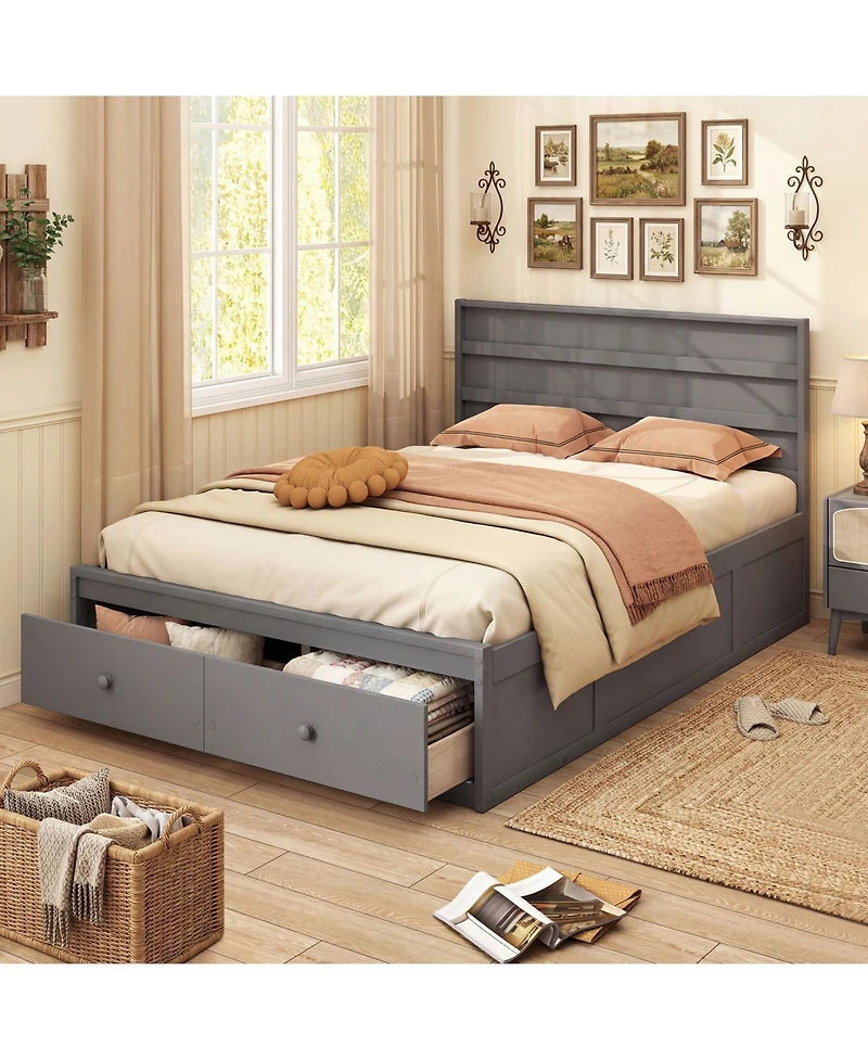 Gymax Full Bed Frame w/Storage Drawers Headboard Wooden Slat Support