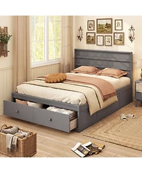 Gymax Full Bed Frame w/Storage Drawers Headboard Wooden Slat Support
