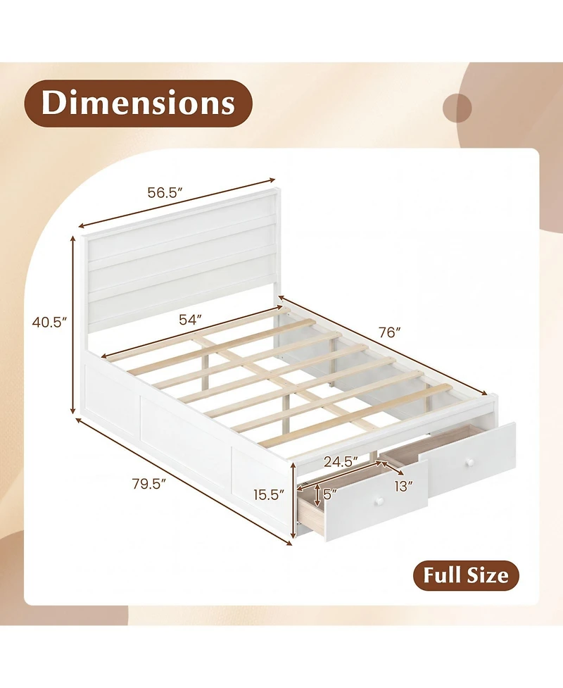 Gymax Full Bed Frame w/Storage Drawers Headboard Wooden Slat Support
