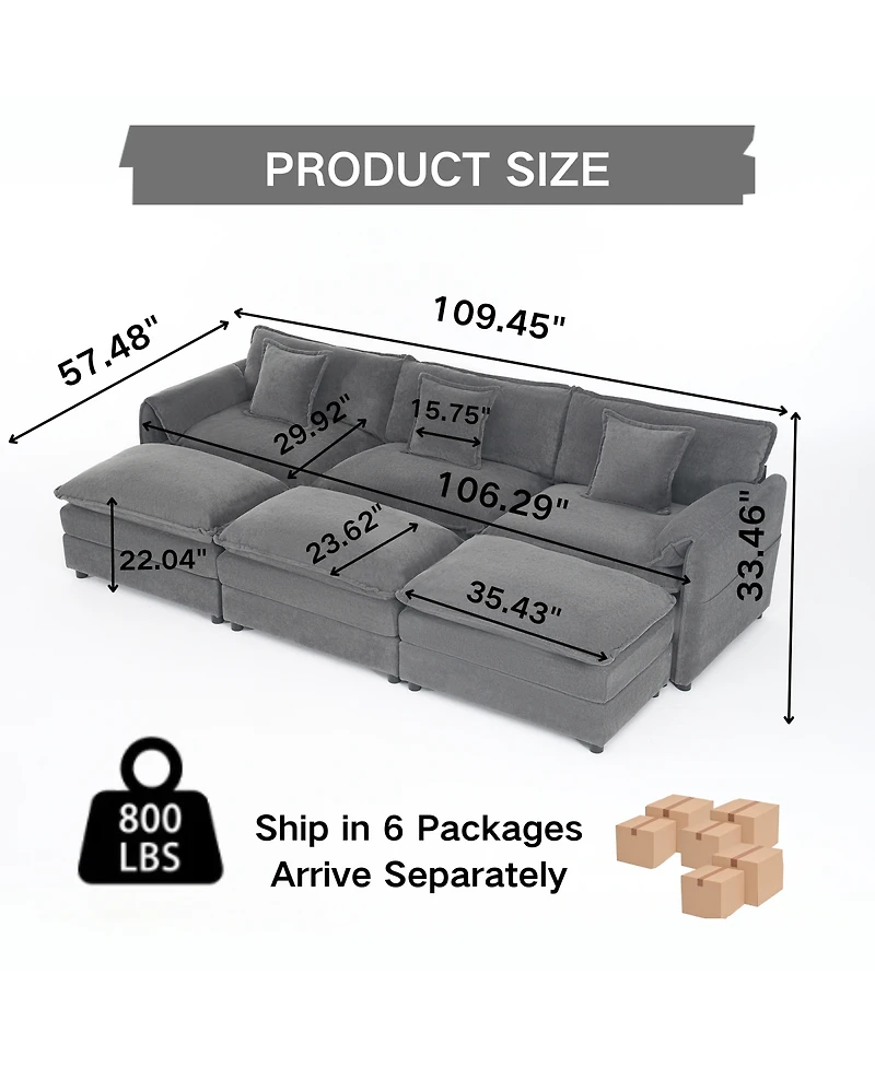 Streamdale Furniture Oversized Deep Seat Sectional Cloud Sofa Sleeper with 3 Ottomans & Pillows