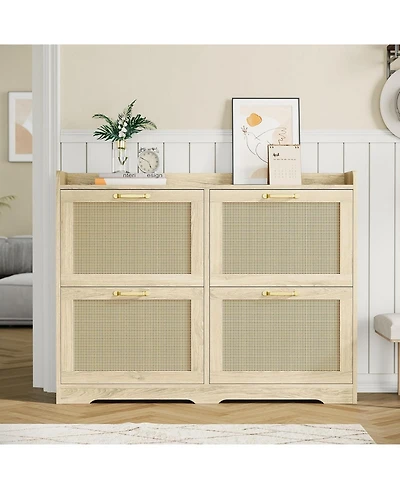 gaomon Rattan Shoe Cabinet with 4 Flip Drawers, Hidden Wood Shoe Storage Organizer Cabinet
