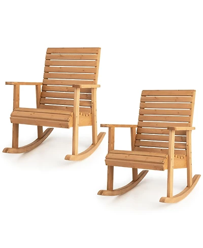Gymax 2 Pcs Wooden Rocking Chair High Back Fir Wood Armchair Natural Garden Yard Patio