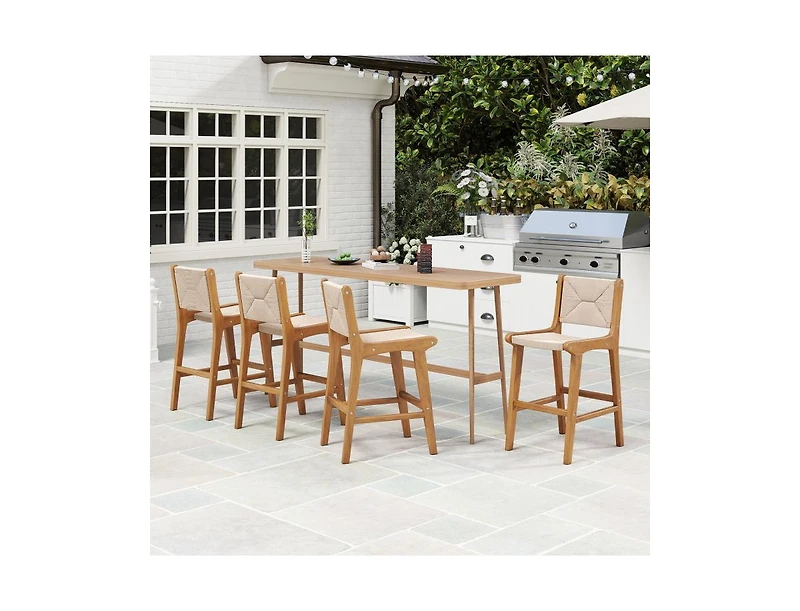 Slickblue Patio Counter Height Bar Stool with Paper Rope Seat and Teak Frame