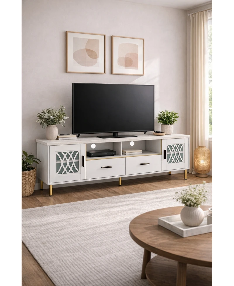 Gouun Faux Marble Top 71-Inch Tv Stand with Glass Doors and Gold Legs
