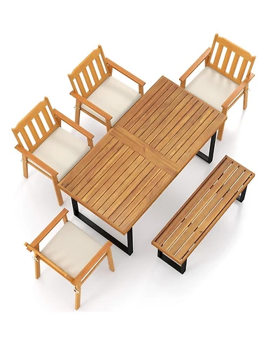 Gouun 6-Piece Patio Dining Set with 63 in Acacia Wood Table, 4 Armchairs and Backless Bench