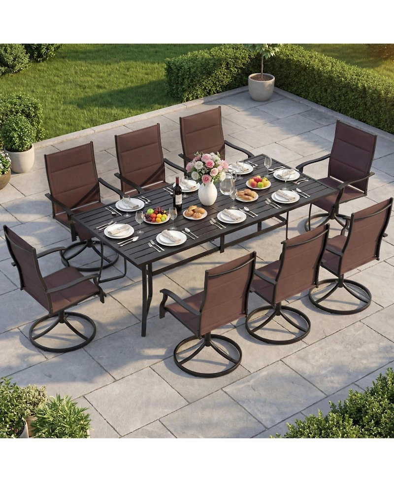 Gouun 9-Piece Swivel Chair Patio Dining Set with 76 in Table and Umbrella Hole for 8