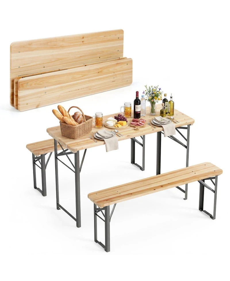 Gouun 3-Piece Folding Picnic Table and Bench Set, Fir Wood Portable Outdoor Dining