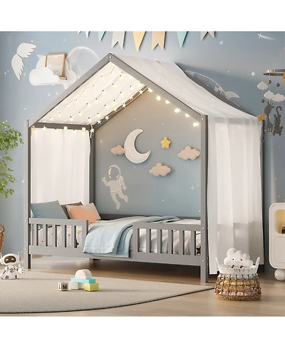 Streamdale Furniture Montessori House Floor Bed with Canopy and Railings