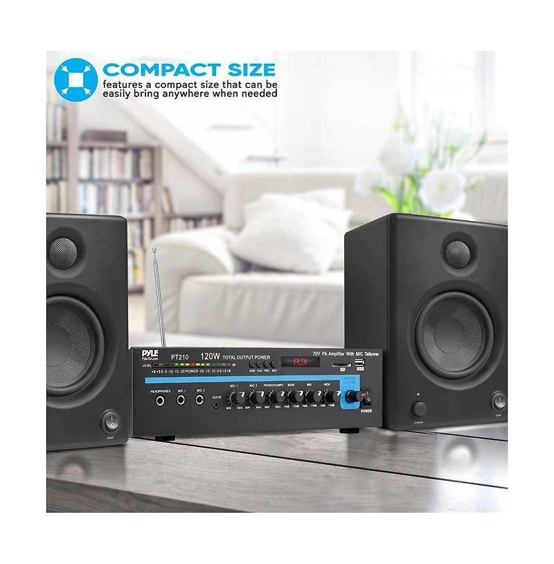 Pyle 120W Bluetooth Microphone Pa Mono Amplifier with Usb/Sd/Fm