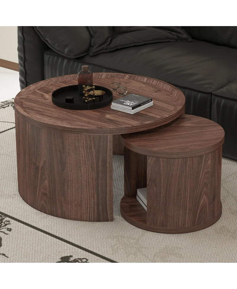 Rainsken Modern Circular Nesting Coffee Table Set of 2, 31.5" Main Table and 18" Stackable Side Table, Wooden Round Center Table for Living Room