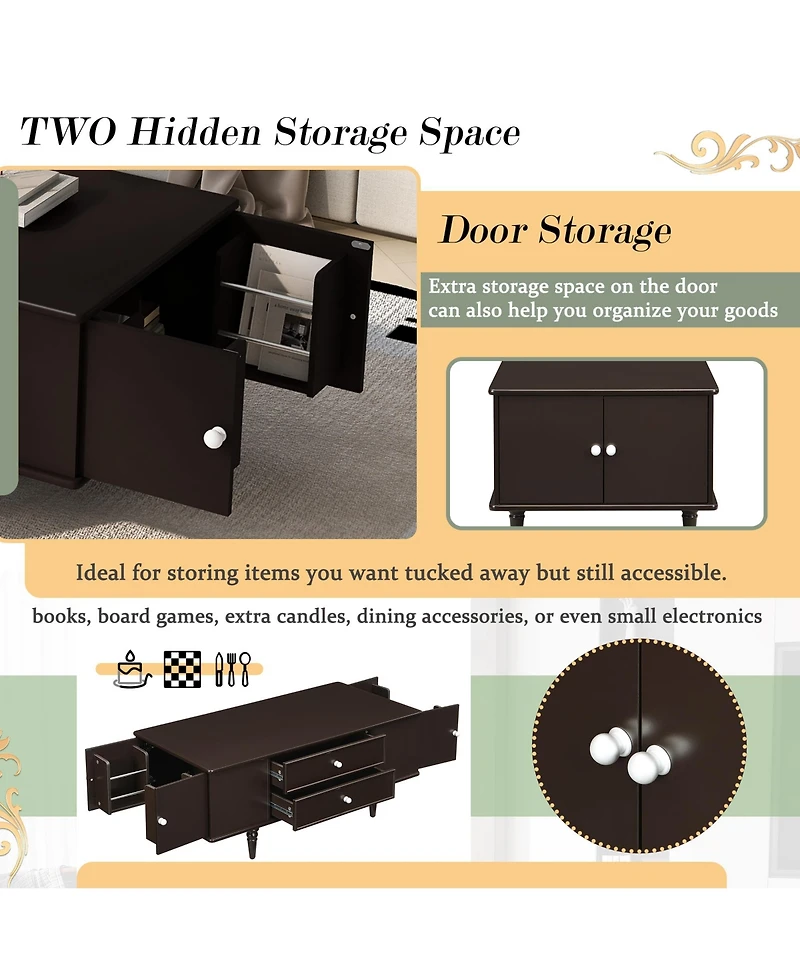 Rainsken 47.2" Modern Wooden Rectangular Coffee Table, Center Table with 4 Drawers and 2 Side Hidden Storage Compartments for Living Room