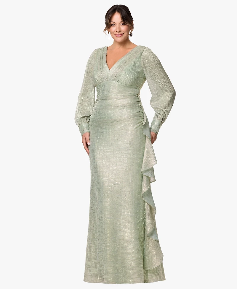 Betsy & Adam Plus Long-Sleeve V-Neck Metallic Dress