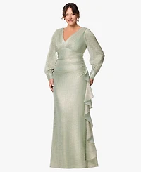 Betsy & Adam Plus Long-Sleeve V-Neck Metallic Dress