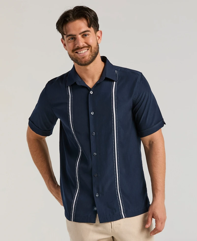 Cubavera Men's Pick Stitch Panel Short Sleeve Button-Down Shirt