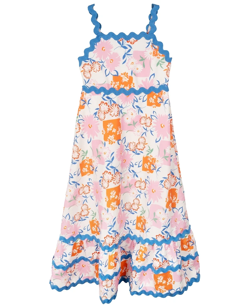 Rare Editions Girls' 7-16 Sateen Tropical Ric Rac Strap Bodice Dress