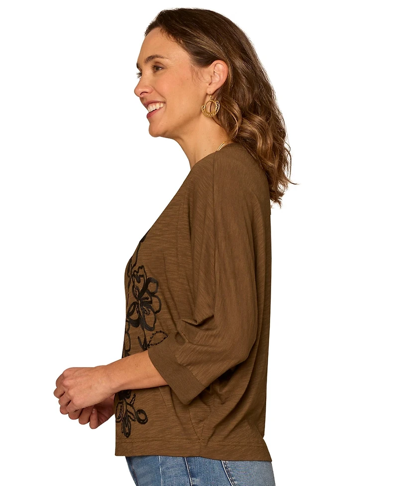 Democracy Petite Scoop Neck Embroidered Knit Top
