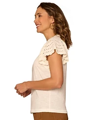 Democracy Petite Crochet-Trim Flutter-Sleeve Knit Top