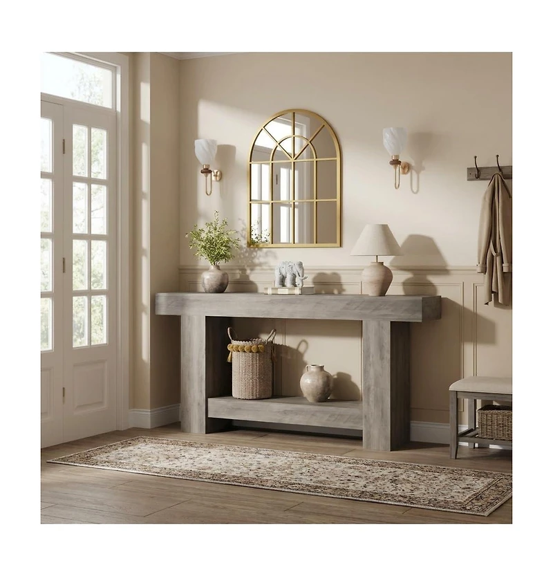 gaomon 63'' Farmhouse 2-Tier Entryway Console Table with Open Storage - Long Sofa Accent Table for Entrance