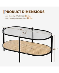 gaomon 2 Tier Rattan Oval Coffee Table with Tempered Glass Top, Boho Farmhouse Metal Tea Table with Storage Shelf Decor