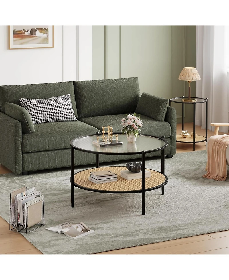 gaomon Round Coffee Table, 2-Tier Tea Table with Rattan Storage Shelf and Metal Frame, Tempered Glass Tabletop, Boho Cocktail Tables