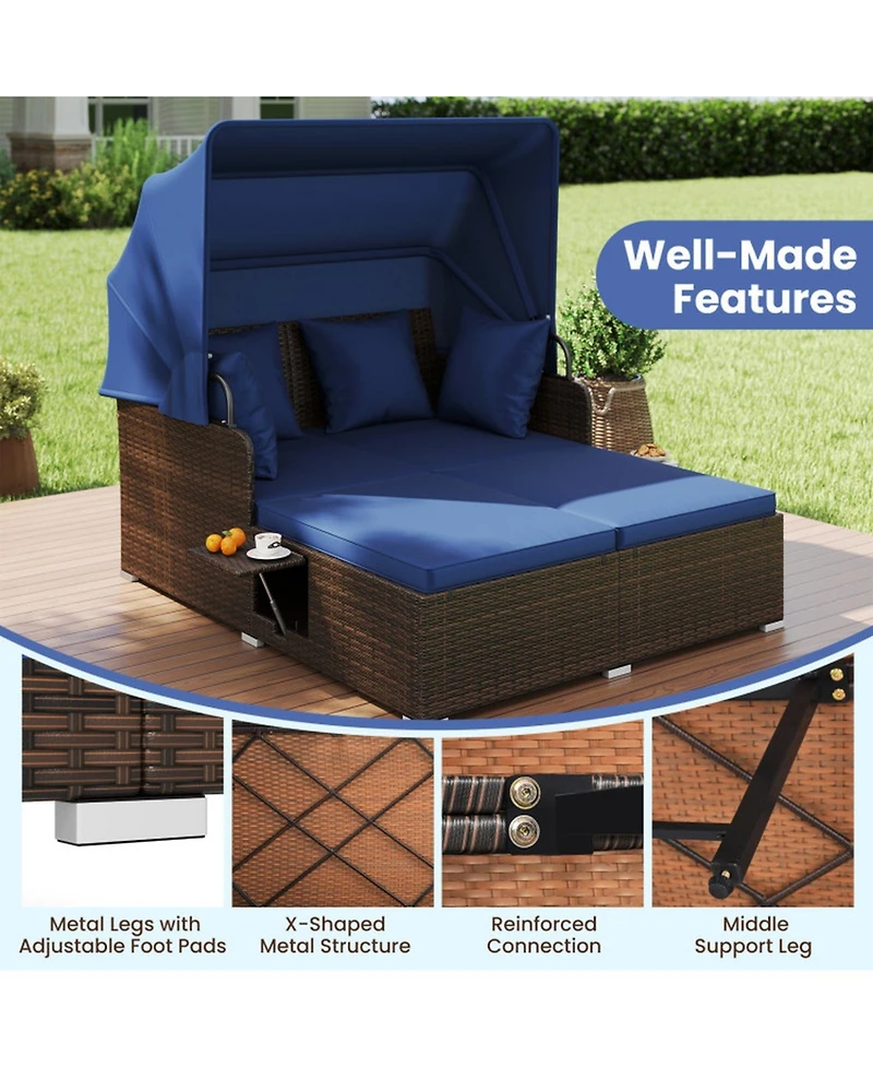 Gouun Outdoor Rattan Daybed with Retractable Canopy and Side Tables