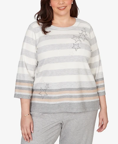 Alfred Dunner Plus Comfort & Joy Star Stripe Embellished Crewneck Top