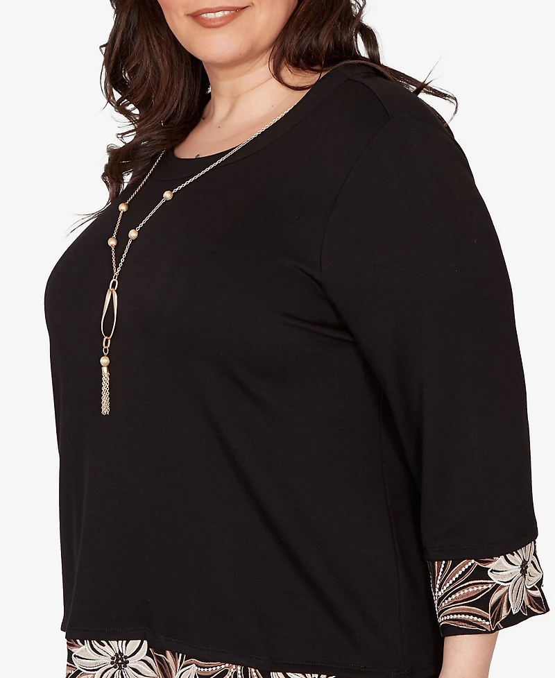 Alfred Dunner Plus Size Seville Bold Floral Border Trim Top with Necklace