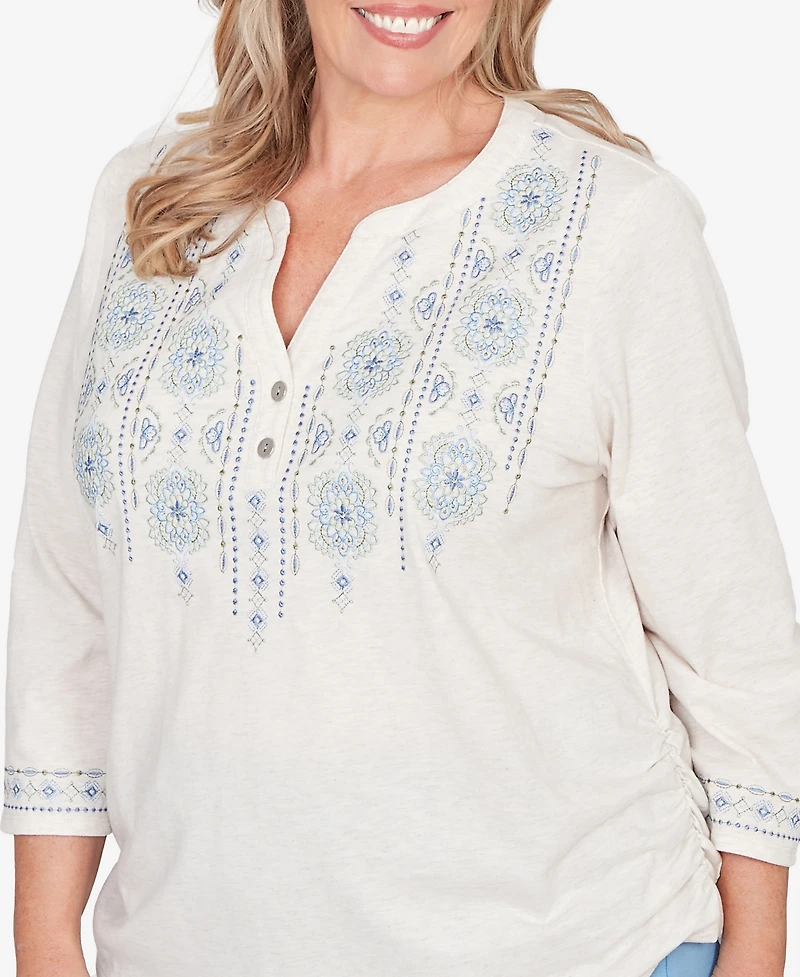 Alfred Dunner Plus St. Augustine Medallion Embroidered Ruched Henley Top