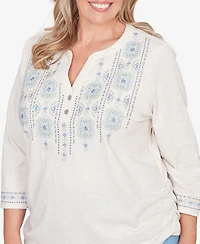 Alfred Dunner Plus St. Augustine Medallion Embroidered Ruched Henley Top