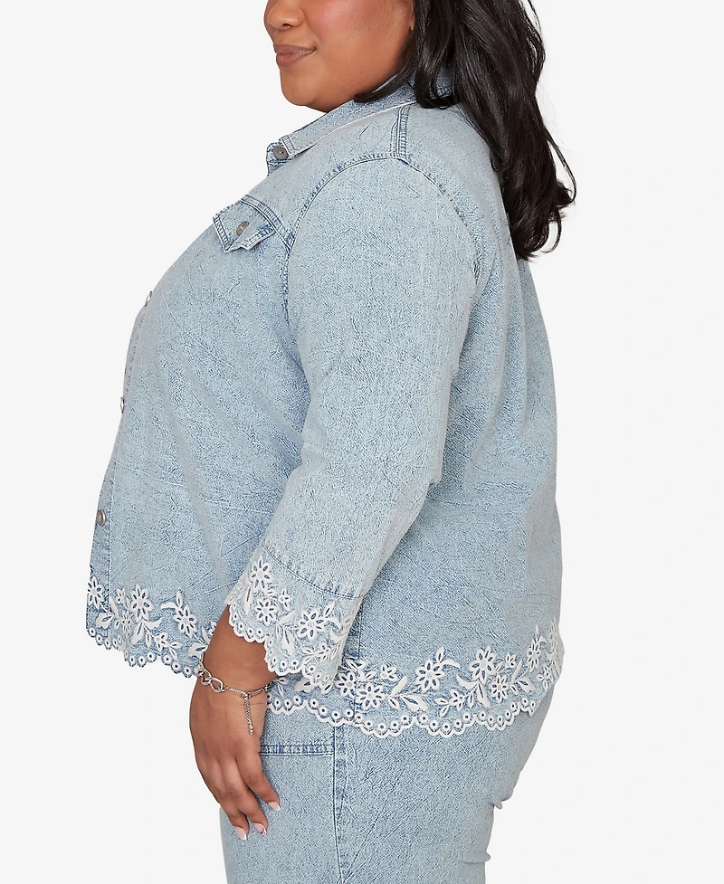 Alfred Dunner Plus Out of the Blue Floral Embroidered Scallop Trim Jacket