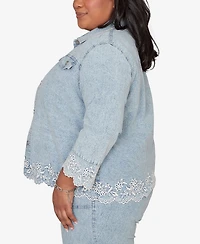 Alfred Dunner Plus Out of the Blue Floral Embroidered Scallop Trim Jacket