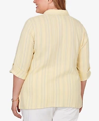 Alfred Dunner Plus Out of the Blue Embroidered Daisy Stripes Button Front Top