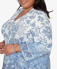 Alfred Dunner Plus Out of the Blue Ombre Batik Floral Henley Top