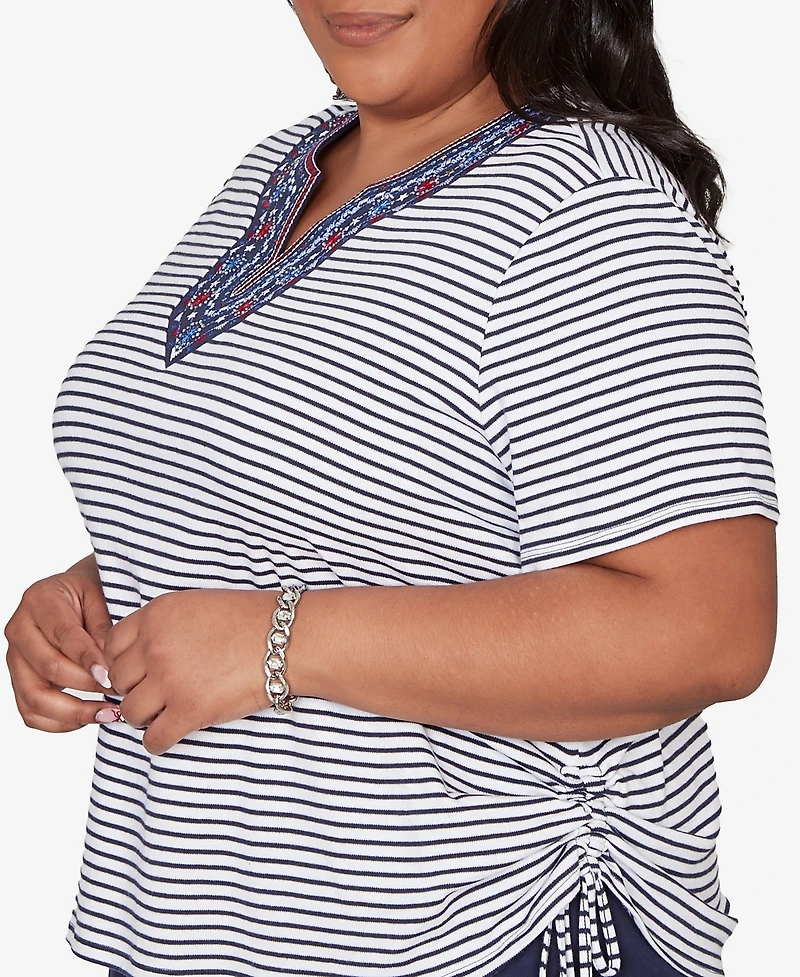 Alfred Dunner Plus Lady Liberty Embroidered Neck Striped Side Tie Top