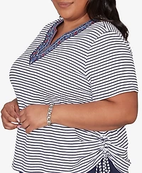 Alfred Dunner Plus Lady Liberty Embroidered Neck Striped Side Tie Top