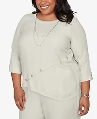 Alfred Dunner Plus Vintage Charm Diagonal Spliced Detailed Top with Necklace