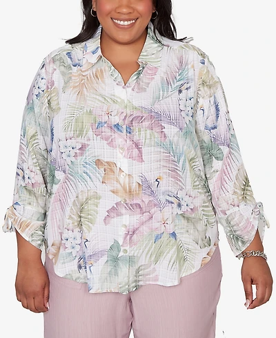 Alfred Dunner Plus Vintage Charm Tropical Button-Front Tie Sleeve Top