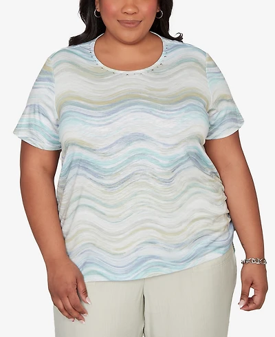 Alfred Dunner Plus Vintage Charm Wavy Biadere Side Tie Ruched T-Shirt