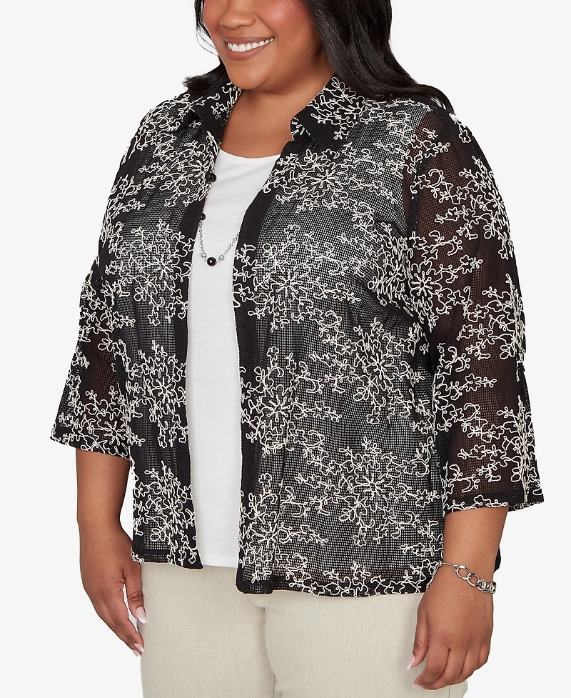 Alfred Dunner Plus Detail Driven Two One Mesh Soutache Top with Necklace