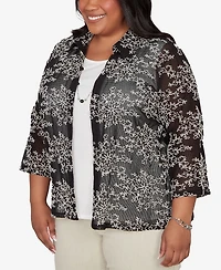 Alfred Dunner Plus Detail Driven Two One Mesh Soutache Top with Necklace