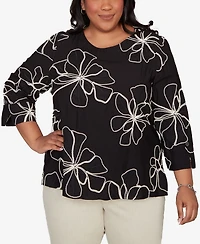 Alfred Dunner Plus Detail Driven Flower Soutache Three Quarter Sleeve Top