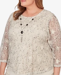 Alfred Dunner Plus Detail Driven Popcorn Mesh Pointed Hem Top with Necklace