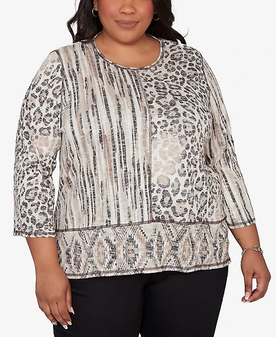 Alfred Dunner Plus Detail Driven Spliced Aztec Animal Skin Crewneck Top