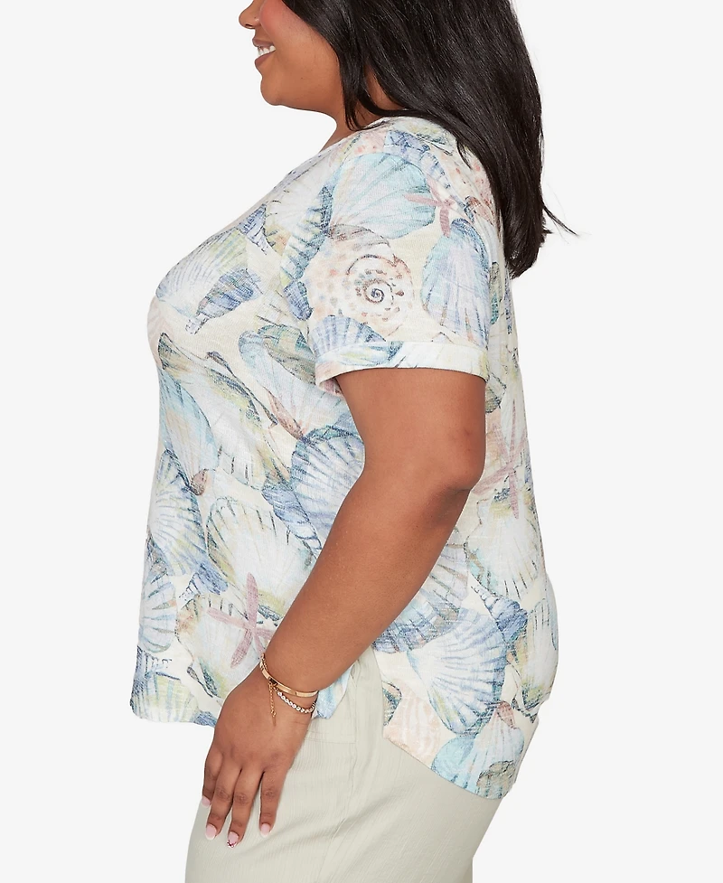 Alfred Dunner Plus Vintage Charm Seashells Embellished Solid T-Shirt