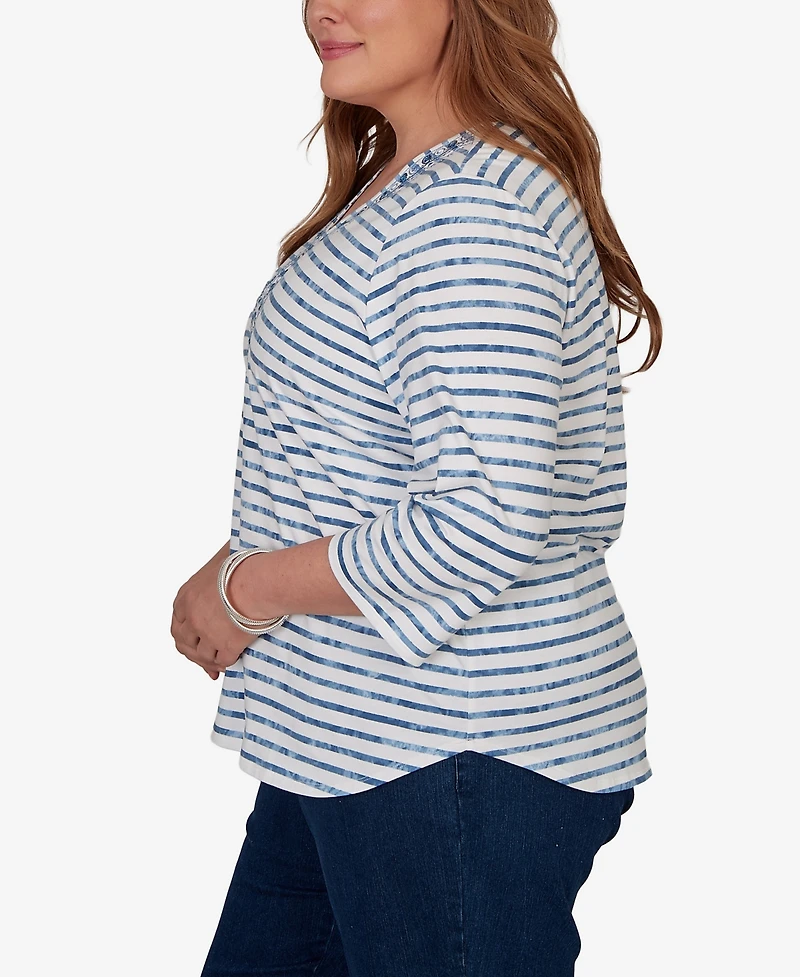 Alfred Dunner Plus Classic Medallion Embroidered Stripe V-Neck Top