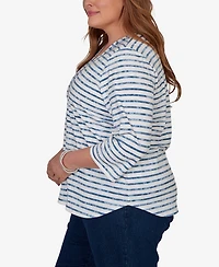 Alfred Dunner Plus Classic Medallion Embroidered Stripe V-Neck Top