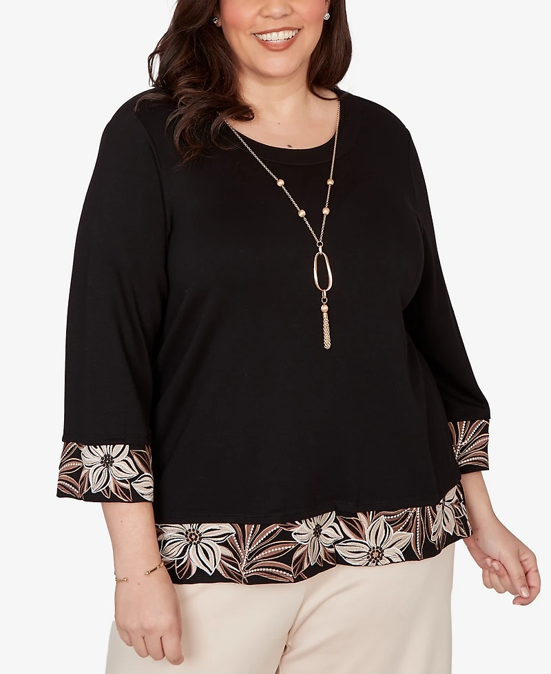 Alfred Dunner Plus Size Seville Bold Floral Border Trim Top with Necklace